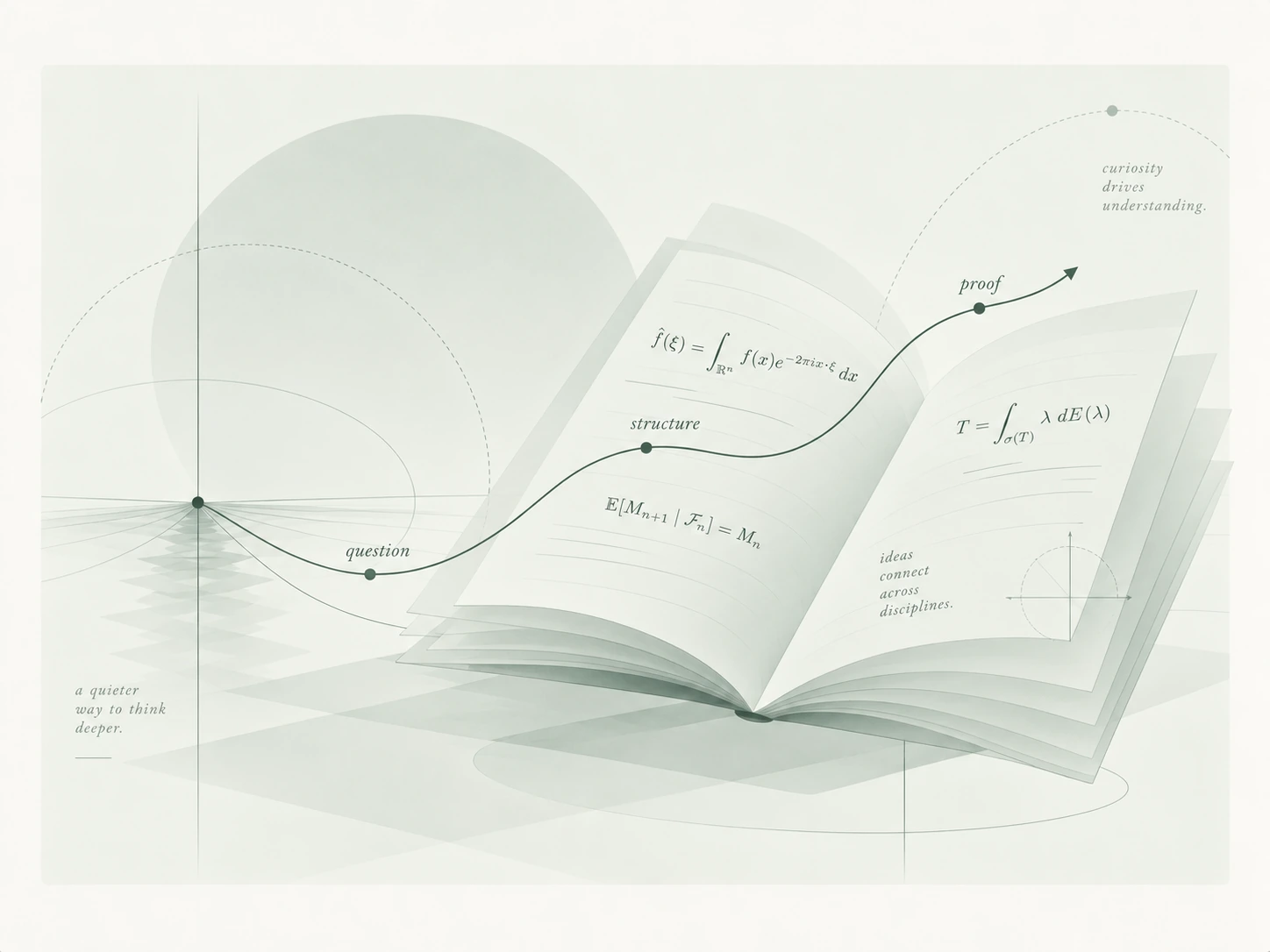 An open notebook with mathematical ideas and a path from questions to understanding.